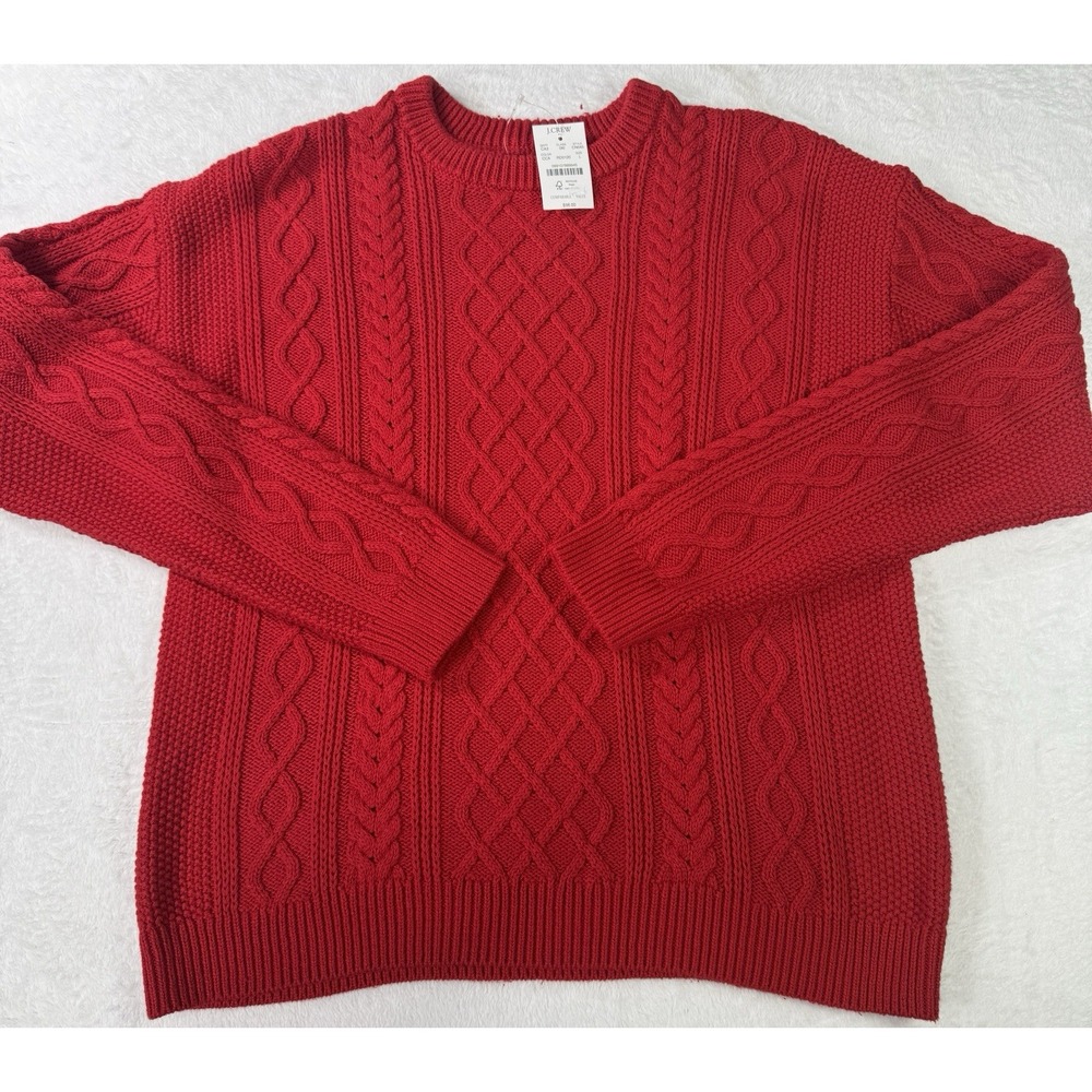 J. Crew Sweater Mens Large Red Cable Knit Chunky Cotton Grandpa Fisherman NWT